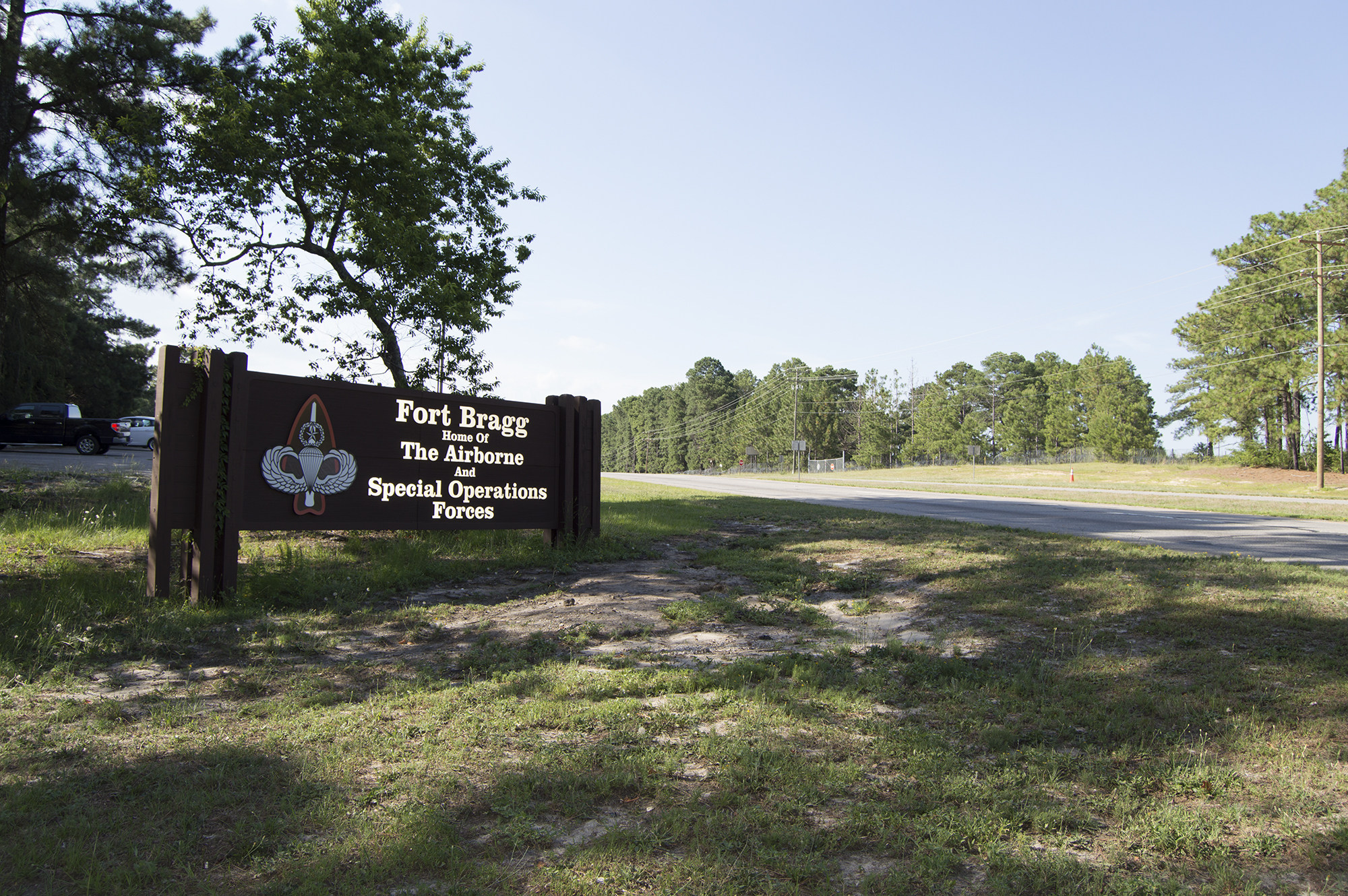 The entrance to Fort Bragg is just outside Fayetteville, North Carolina, and is among the largest in the United States. (Michael Olinger/News21)